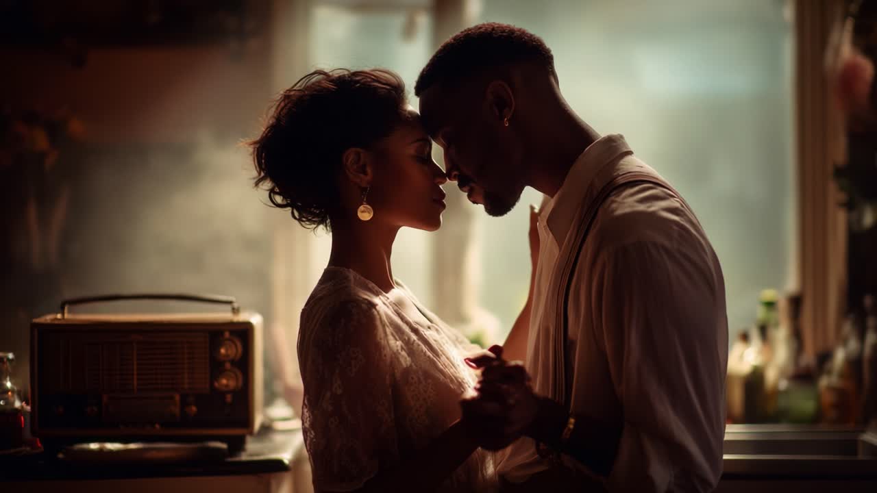A Passionate Moment Between Two Lovers Captured in Soft Light, Emphasizing Connection and Emotion, Set Against a Vintage Background Reflecting Their Intimacy and Affection