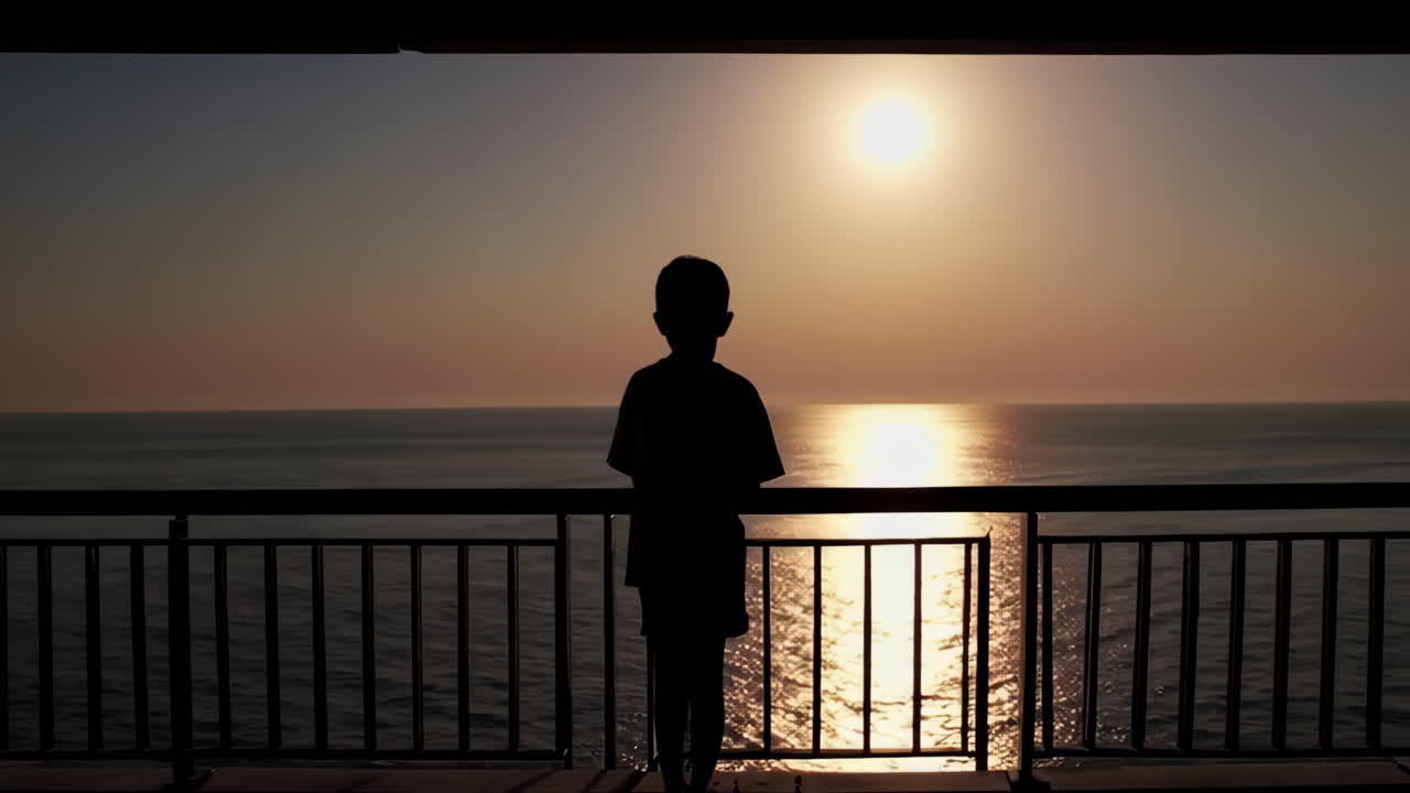 Silhouette of a boy watching the sunrise over the ocean