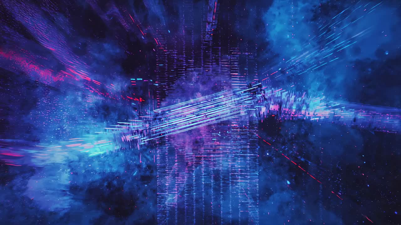 Entering left cyan diagonal bands racing through tunnel, forming purple nebula and waveform bars