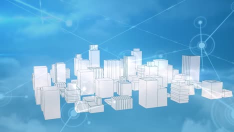 animation of network of connections over digital city on blue background