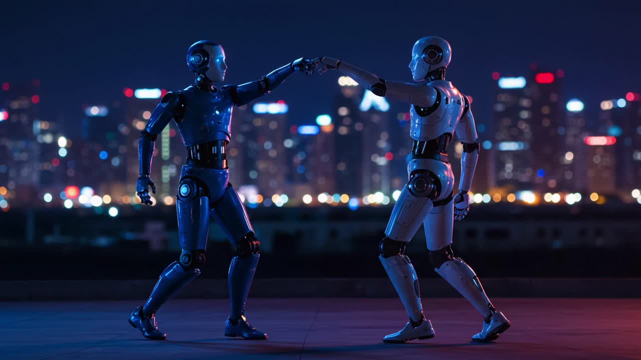 Futuristic Robots Engage in a Dynamic Encounter Against a Neon Skyline at Night, Illustrating the Intersection of Technology and Human-like Interaction