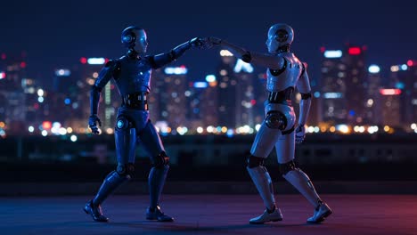 futuristic robots engage in a dynamic encounter against a neon skyline at night, illustrating the intersection of technology and human-like interaction