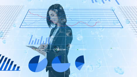 animation of statistics processing with numbers over businesswoman