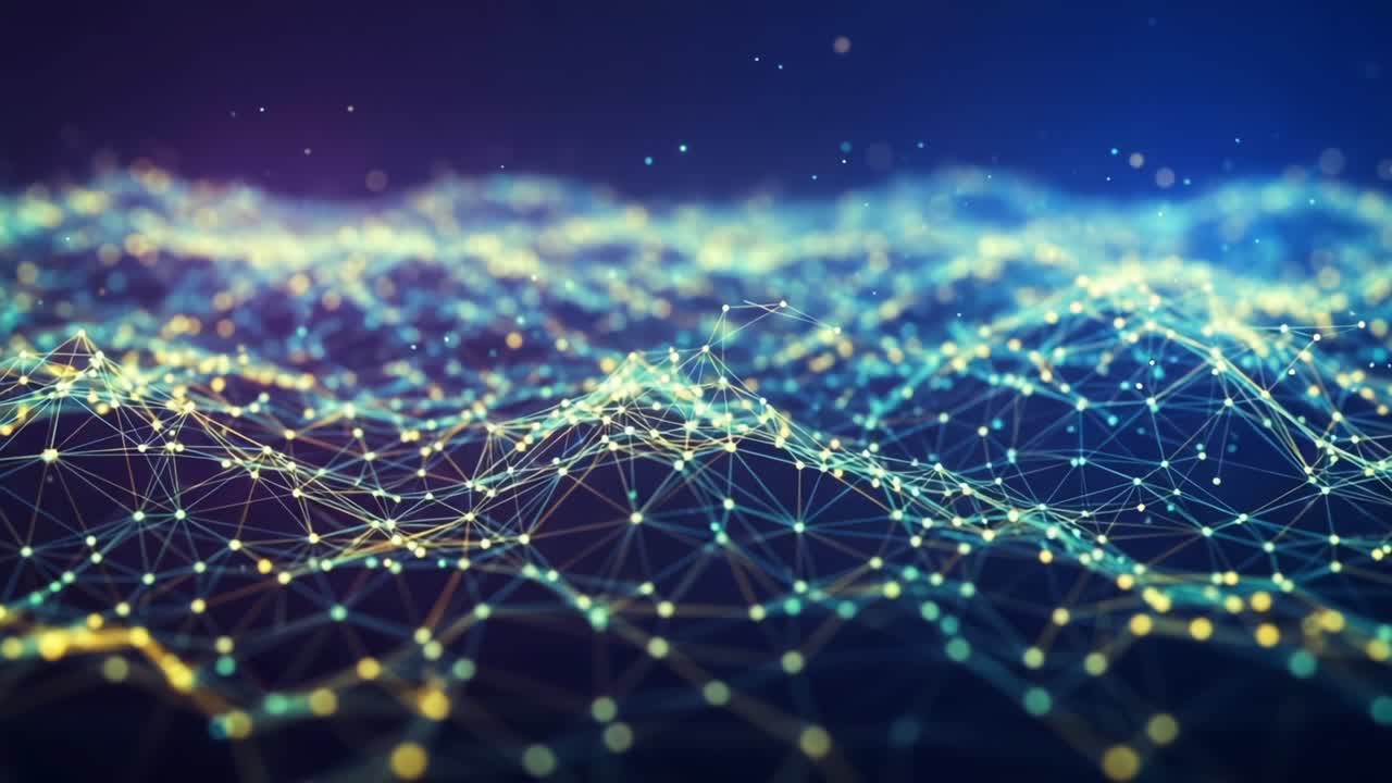 A Stunning Visualization of a Networked Landscape Representing Data Connectivity through Vibrant Colors and Intricate Patterns of Light in a Digital Realm