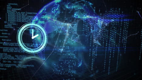 animation of clock moving over data processing on black background