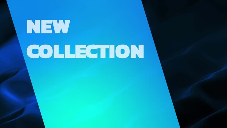 Animatie van de tekst 'nieuwe collectie' op een bewegende blauwe achtergrond