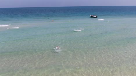 drone aerial view in vietnam flying over phu quoc island sao beach, crystal clear blue turquoise water, small waves and people swimming on a sunny day