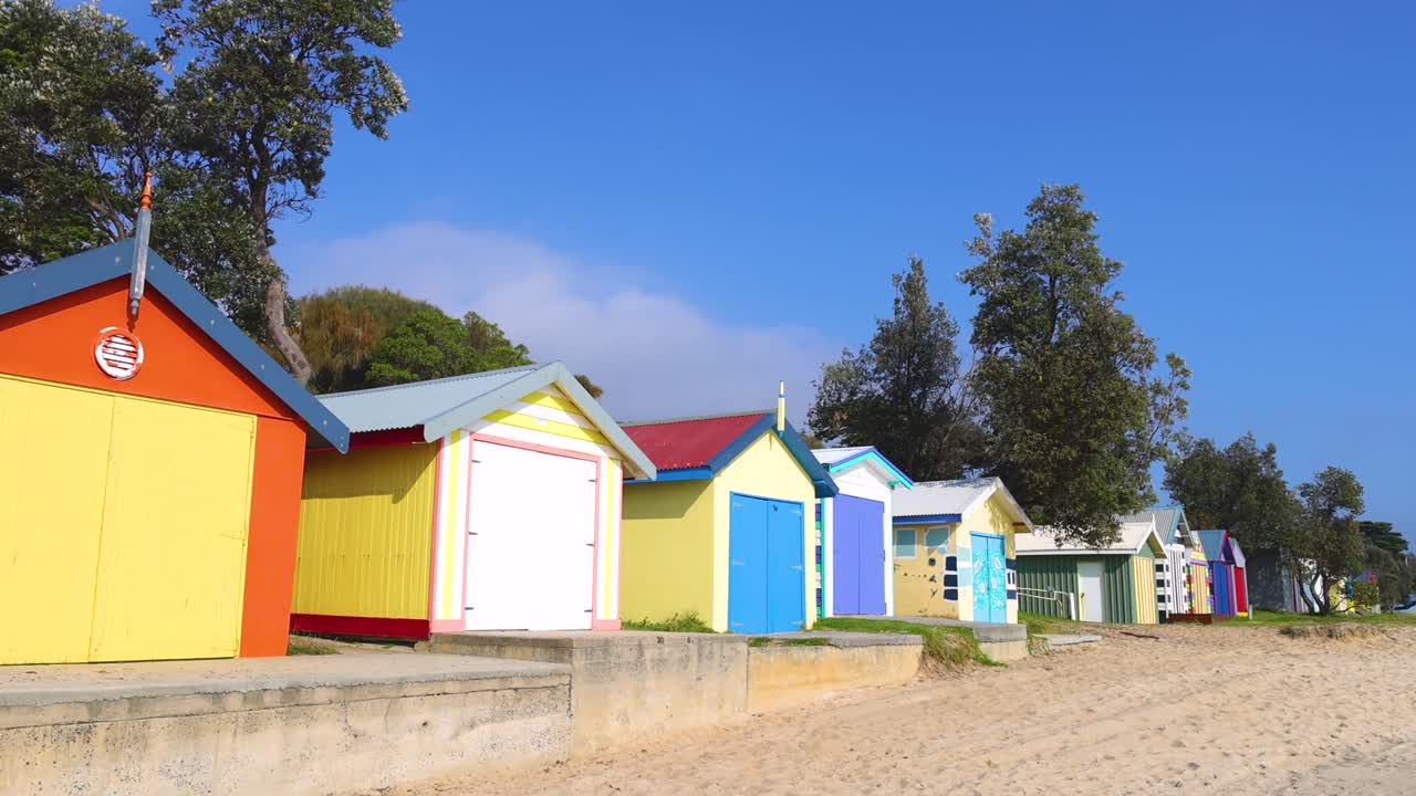 Vibrant beach huts line the sandy shore under clear blue skies, creating a lively and picturesque coastal scene