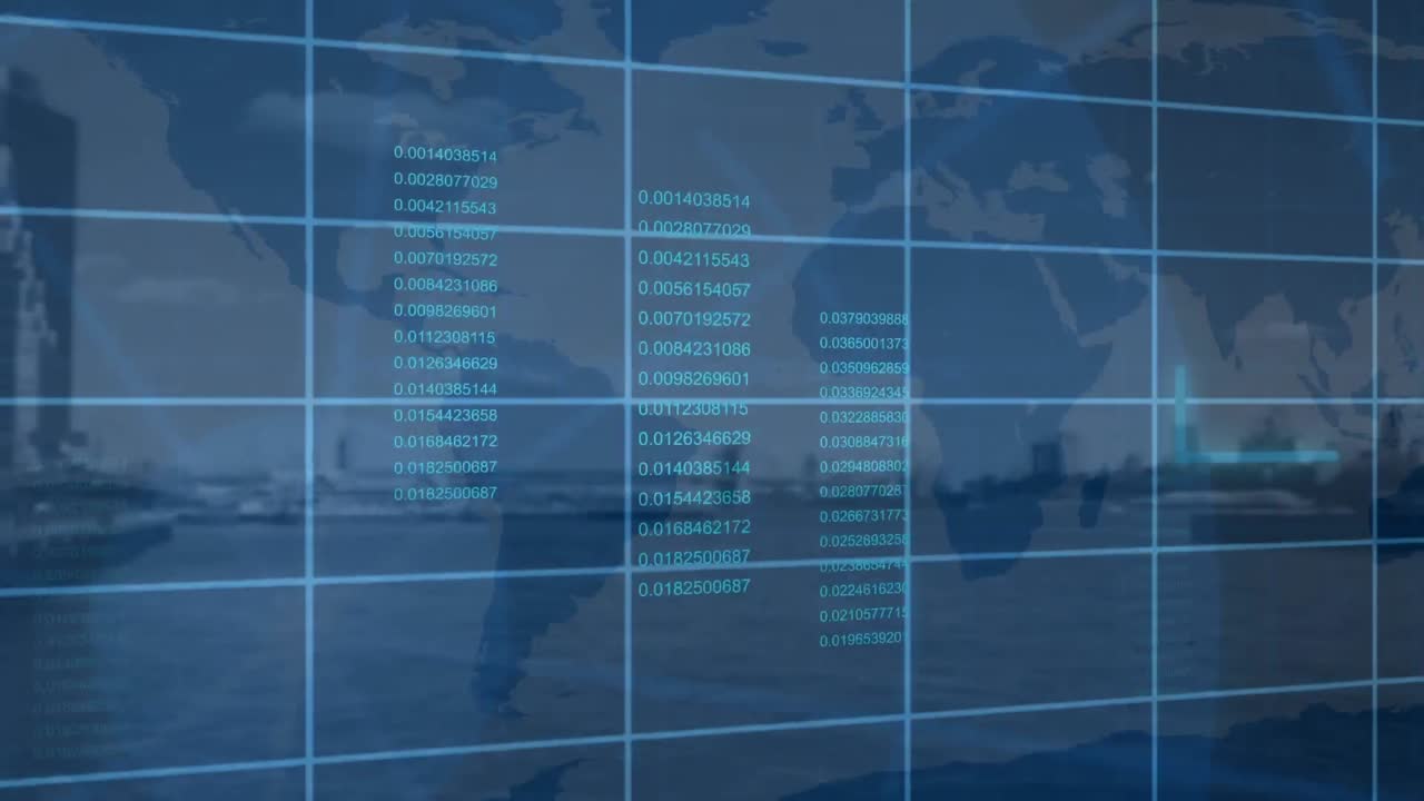 procesamiento de datos y red de cuadrícula sobre el mapa del mundo y el globo contra el paisaje urbano