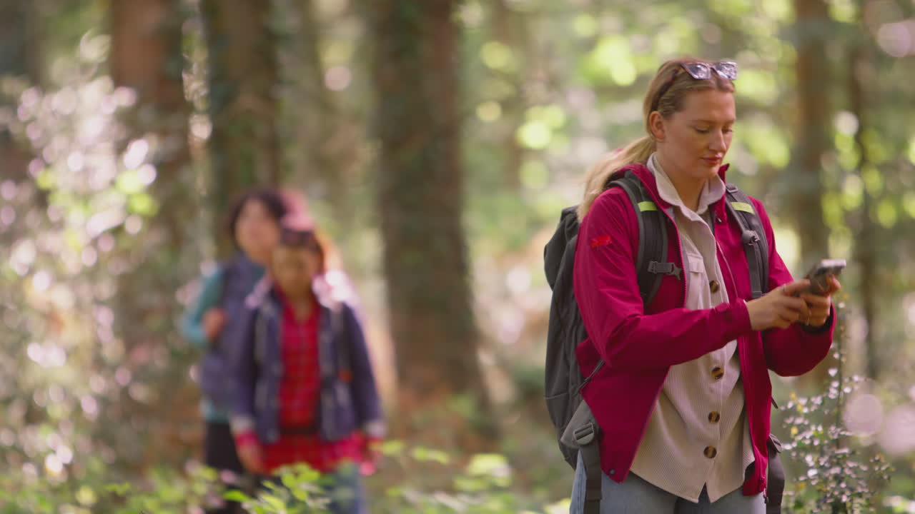 mujer tomando una foto en el teléfono móvil como un grupo de amigas en una caminata de vacaciones a través de los bosques juntos