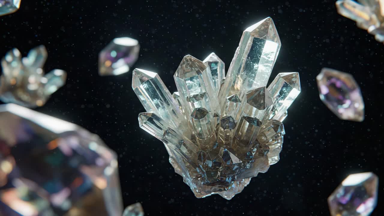 Captivating Close-up of Shimmering Crystals in Motion: A Striking Display of Natural Beauty and Light Reflections in an Enigmatic Dark Environment