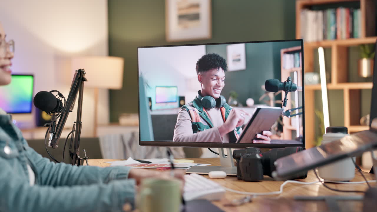 A person recording a podcast in a home studio