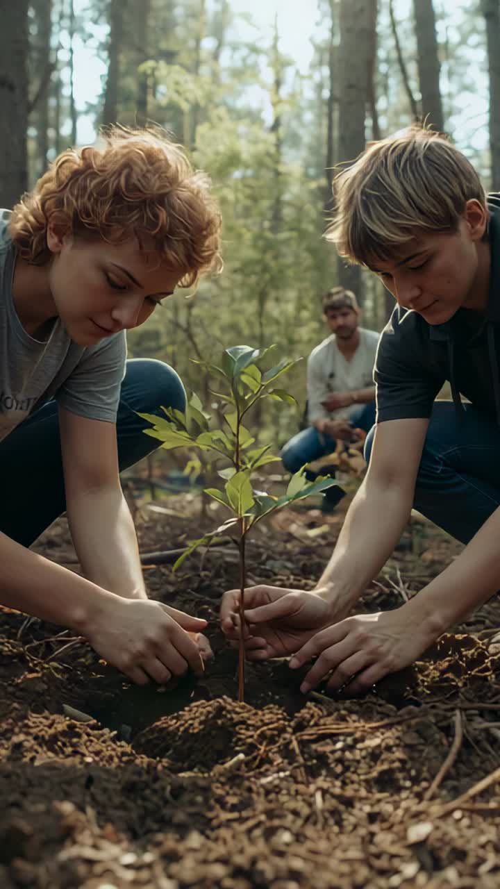 Vertical video: Placing sapling in hole, teens steadying stem and packing soil in woods, replanting