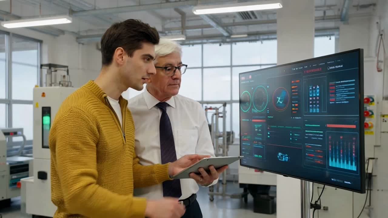 Engineers Analyzing Data on Large Screen in Modern Facility