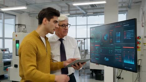 engineers analyzing data on large screen in modern facility