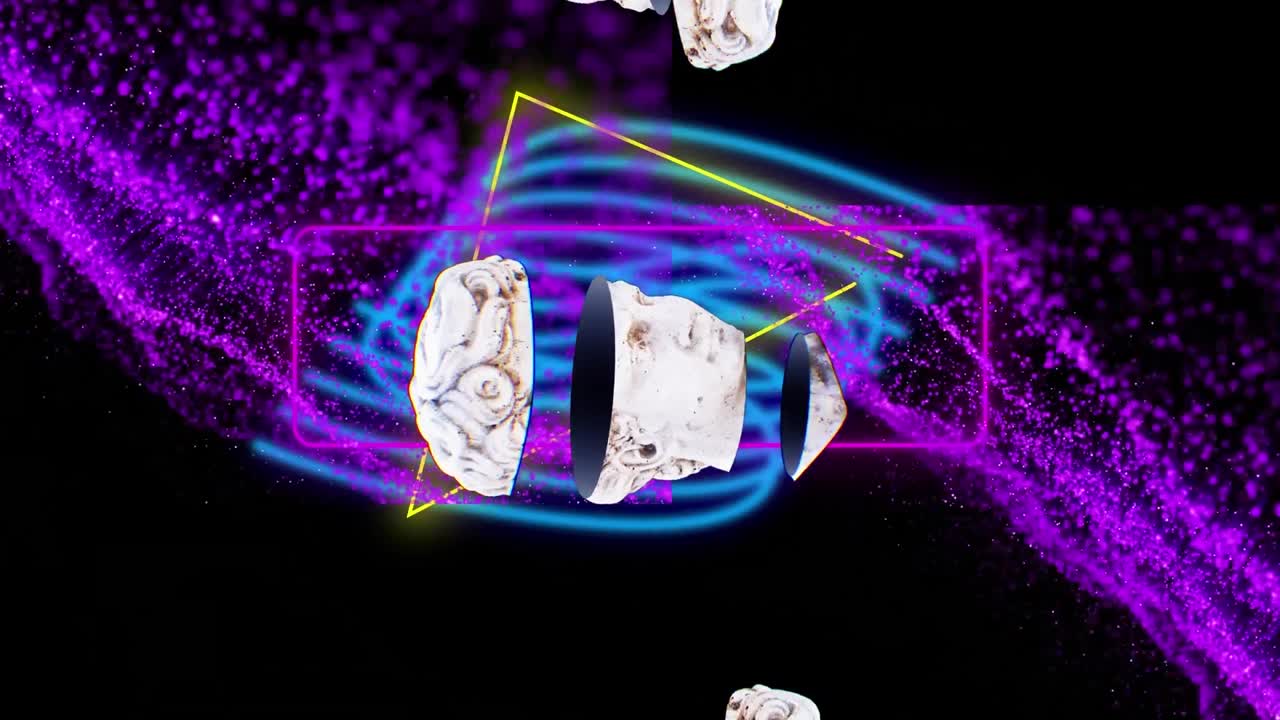 검은 바탕에 네온 모양과 보라색 mesh 위에 고대 절단 머리 조각의 애니메이션