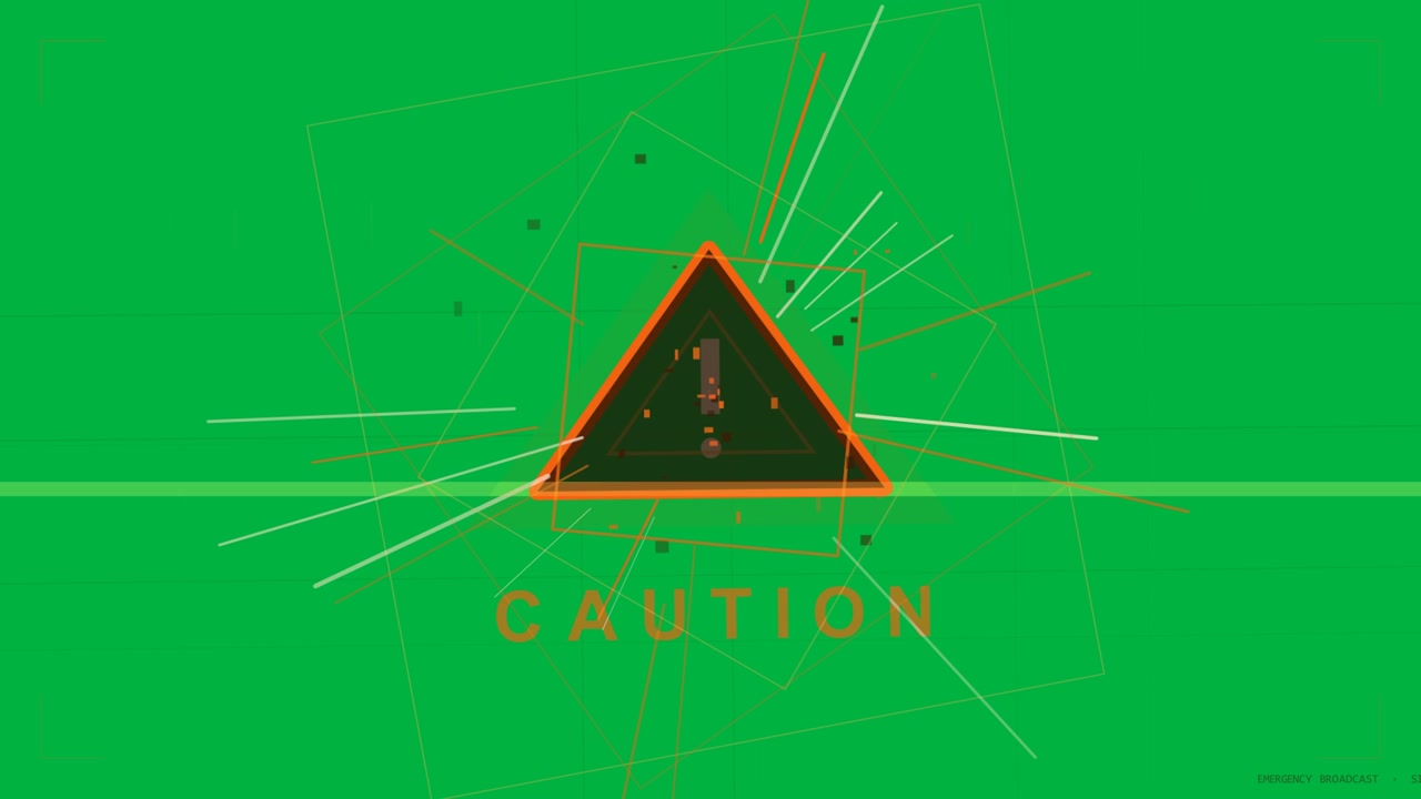 Unfolding orange caution triangle signaling alert on black HUD with rotating wireframes, CAUTION