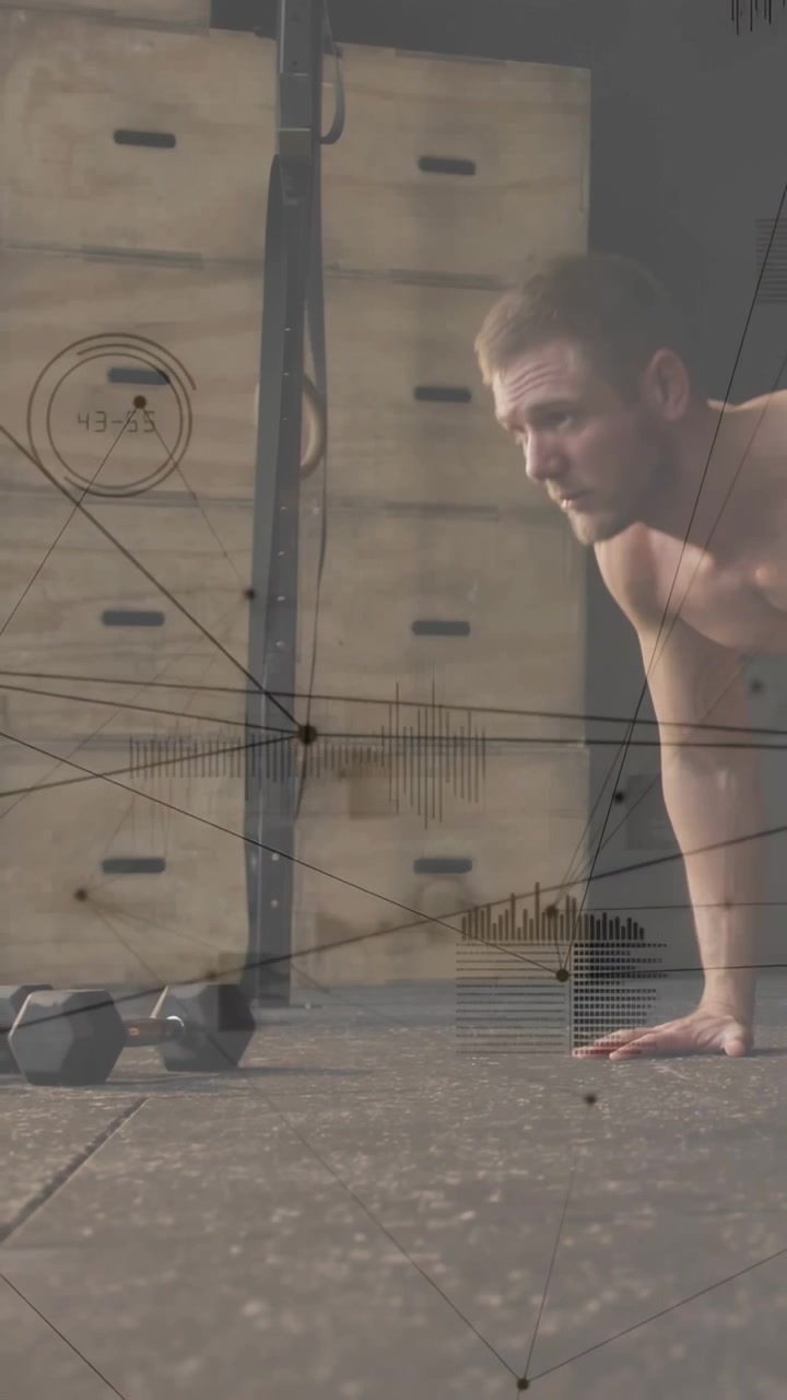 Vertical video: Man starting plank then doing push-ups on floor, HUD tracking form for fitness