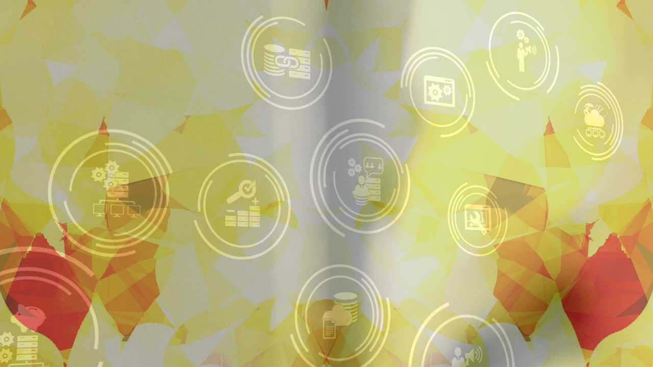 노란색 배경 위에 디지털 아이콘으로 연결 네트워크의 애니메이션