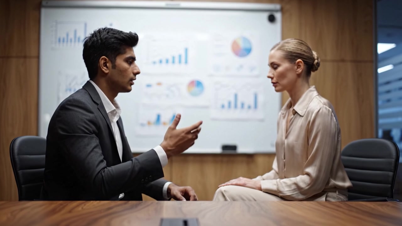 Two Business Professionals Engaged in a Serious Conversation with Charts and Graphs in Background, Indicating Corporate Strategy and Collaboration Dynamics