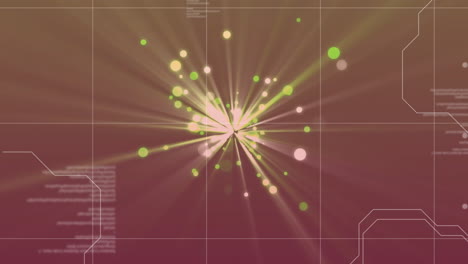 animation of glowing light beams and light spots over data processing on brown background
