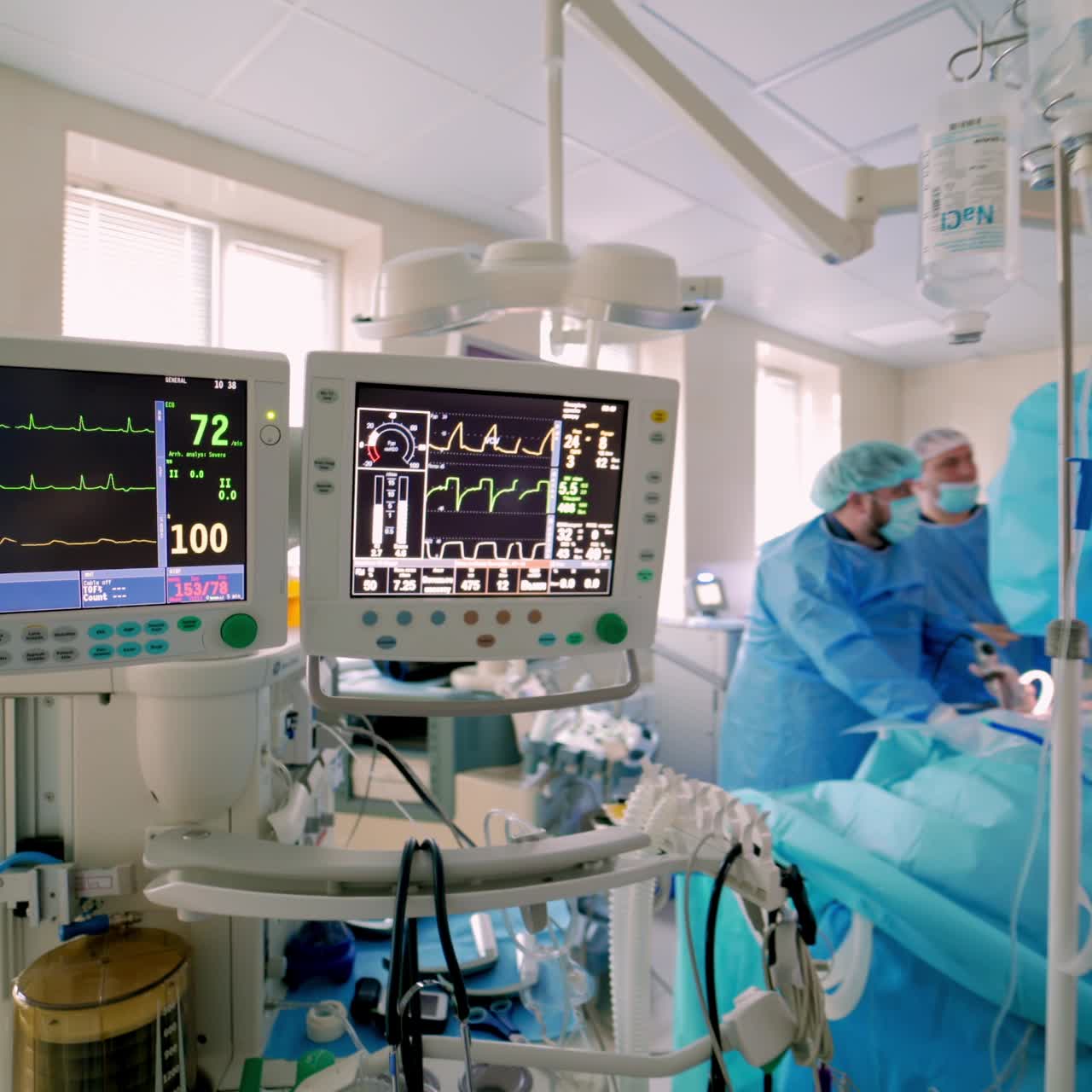 Health monitors in intensive care unit. Screen of monitors showing vital signs of a patient during the operation in hospital. Health care concept.