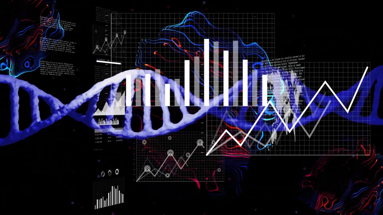 DNA double helix glowing and rotating in 3D render interface, with neon waveforms and data charts