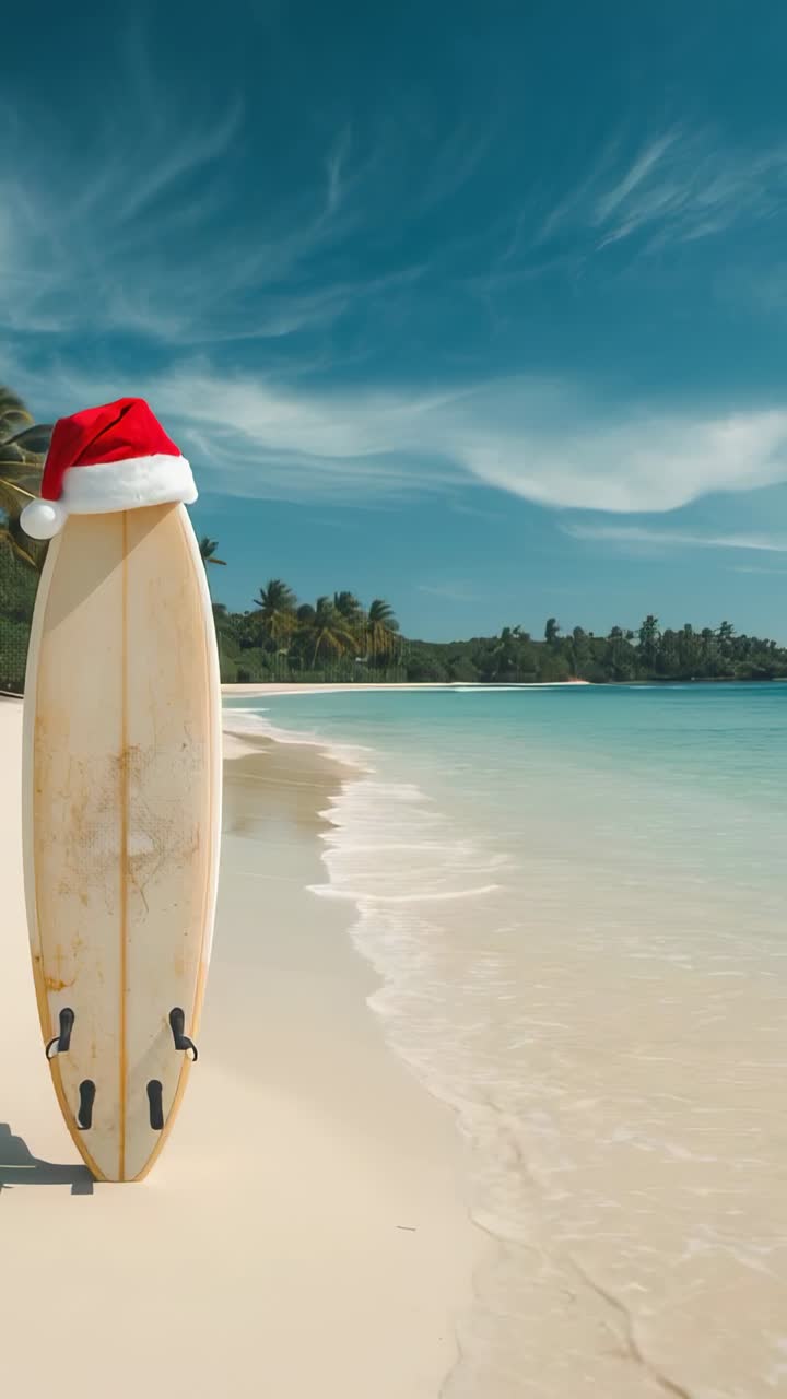 Vertical video: Rolling waves wetting surfboard topped Santa hat on tropical beach, copy space