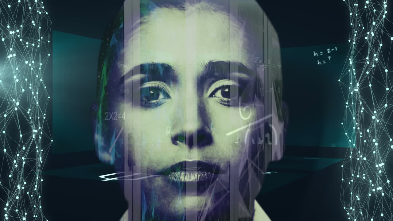 animación de la red de conexiones sobre mujer caucásica en fondo oscuro