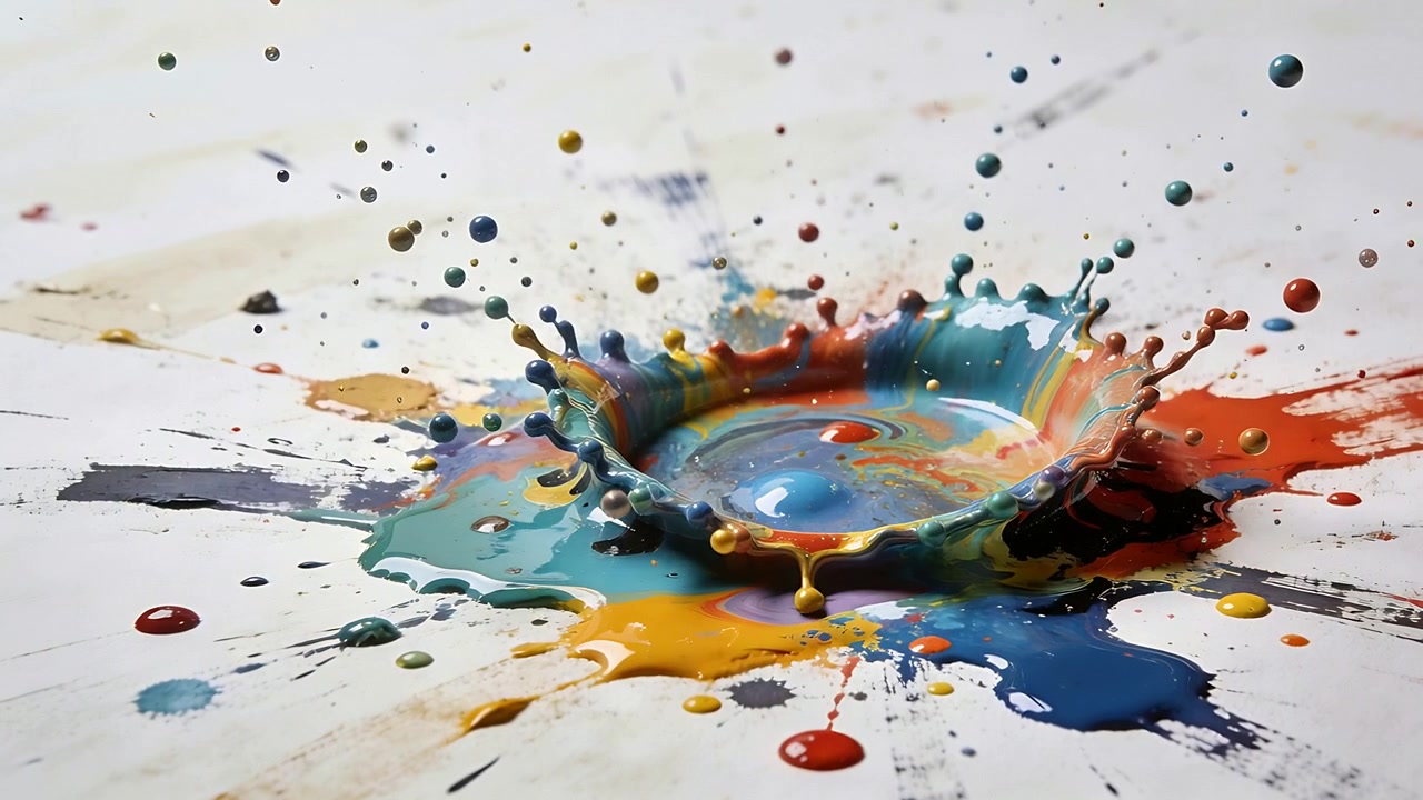 Gocce colorate che impattano formando uno splash a corona su un supporto bianco piatto, mostrando colori marmorizzati che si depositano