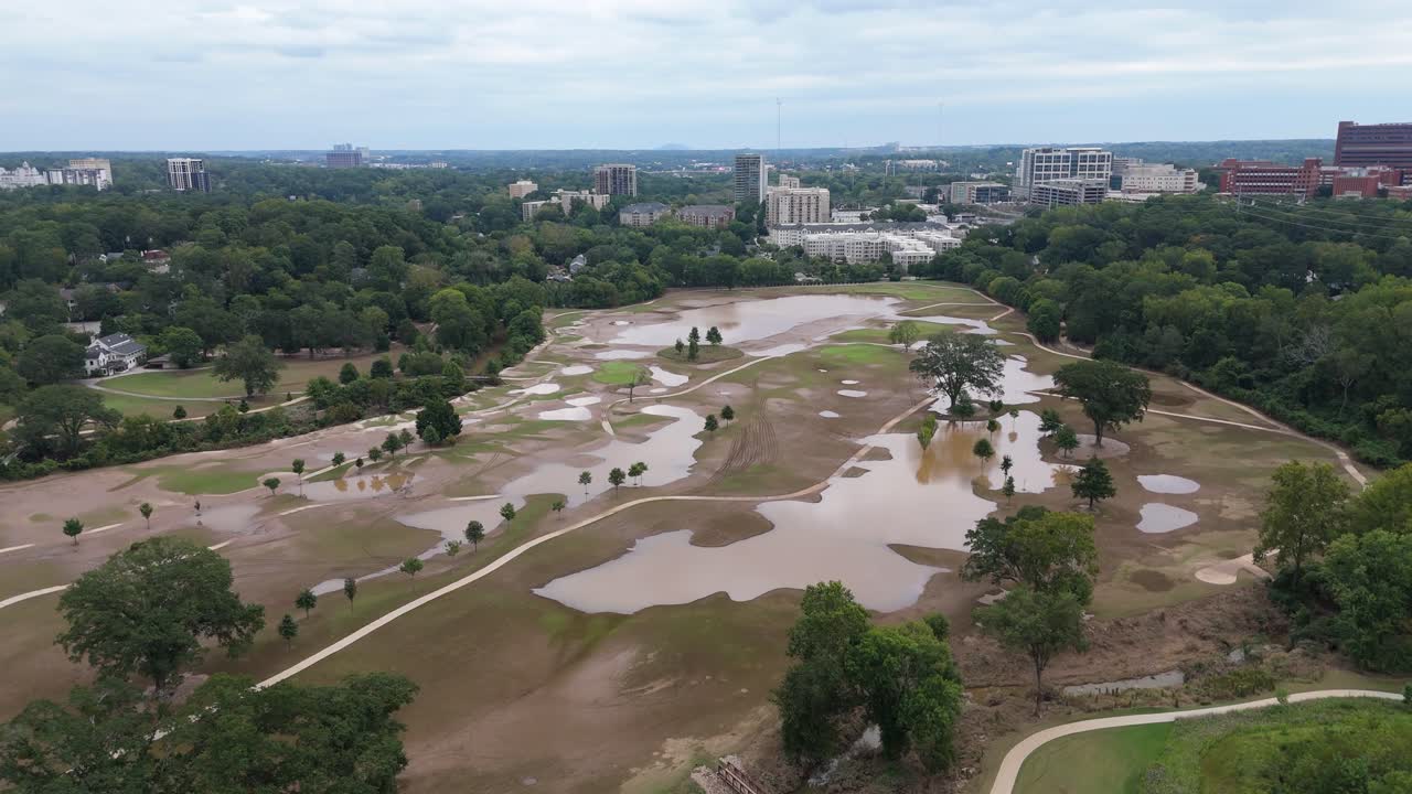 Drone shot of a flooded golf course in Atlanta 48 hours after Hurricane Helene.