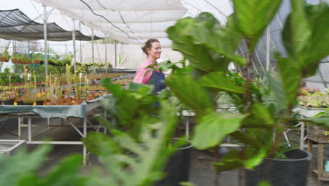 smiling woman in greenhouse holding tablet, checking plants and enjoying work