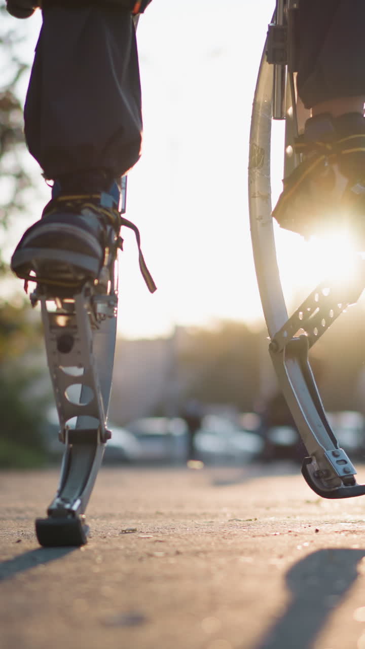 vista de ángulo bajo de una persona usando pilotes de resorte al aire libre en un entorno urbano con árboles, coches estacionados y fondo borroso. el enfoque está en sus piernas y pilotes, con la luz enfatizando el movimiento