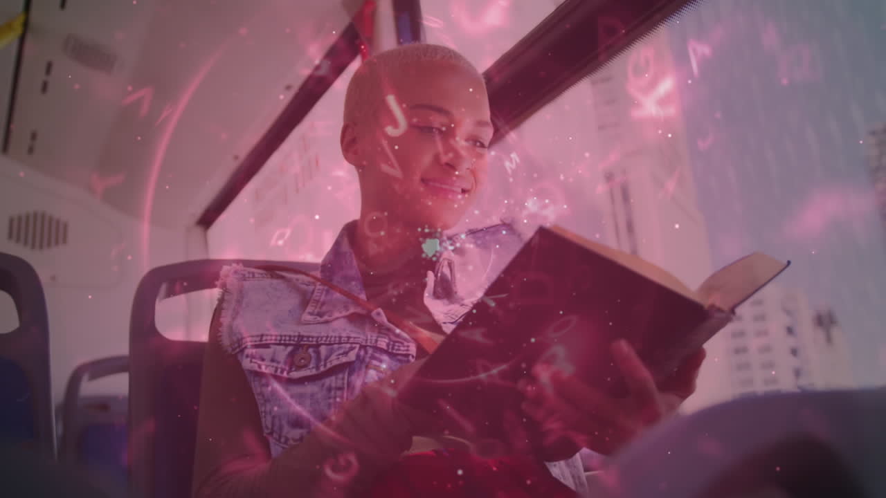 Animation of data processing with scope scanning over biracial woman reading book at bus