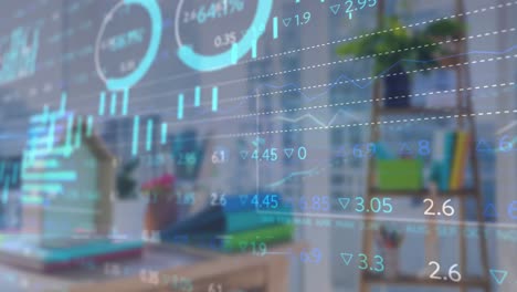 digital composite video of financial data processing against empty office