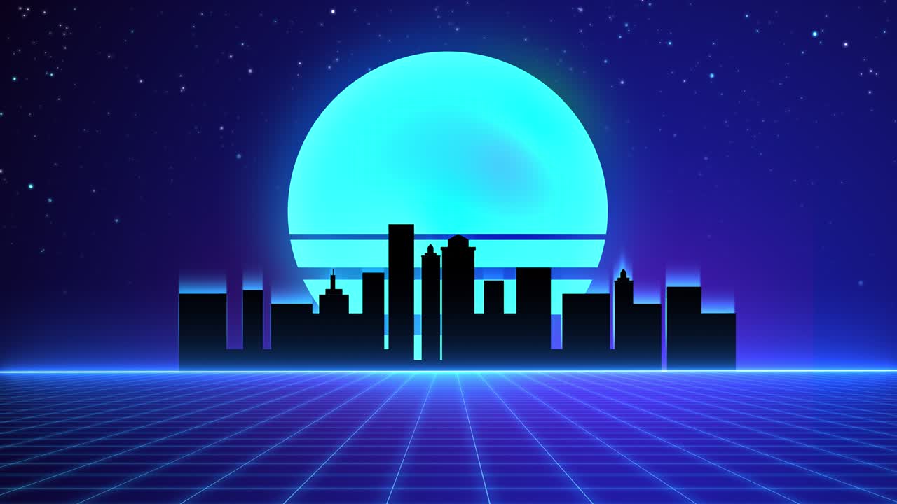 Glowing neon, synthwave and retrowave sun. 80s style, Retro Futurism Background. VHS intro. cyberpunk style. vintage Seamless loop Vaporwave, Retro video games, rave music, neon grid. sunset in city
