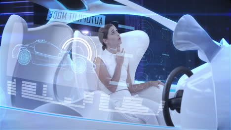 woman in car with white interiors in autopilot mode driving across city at night