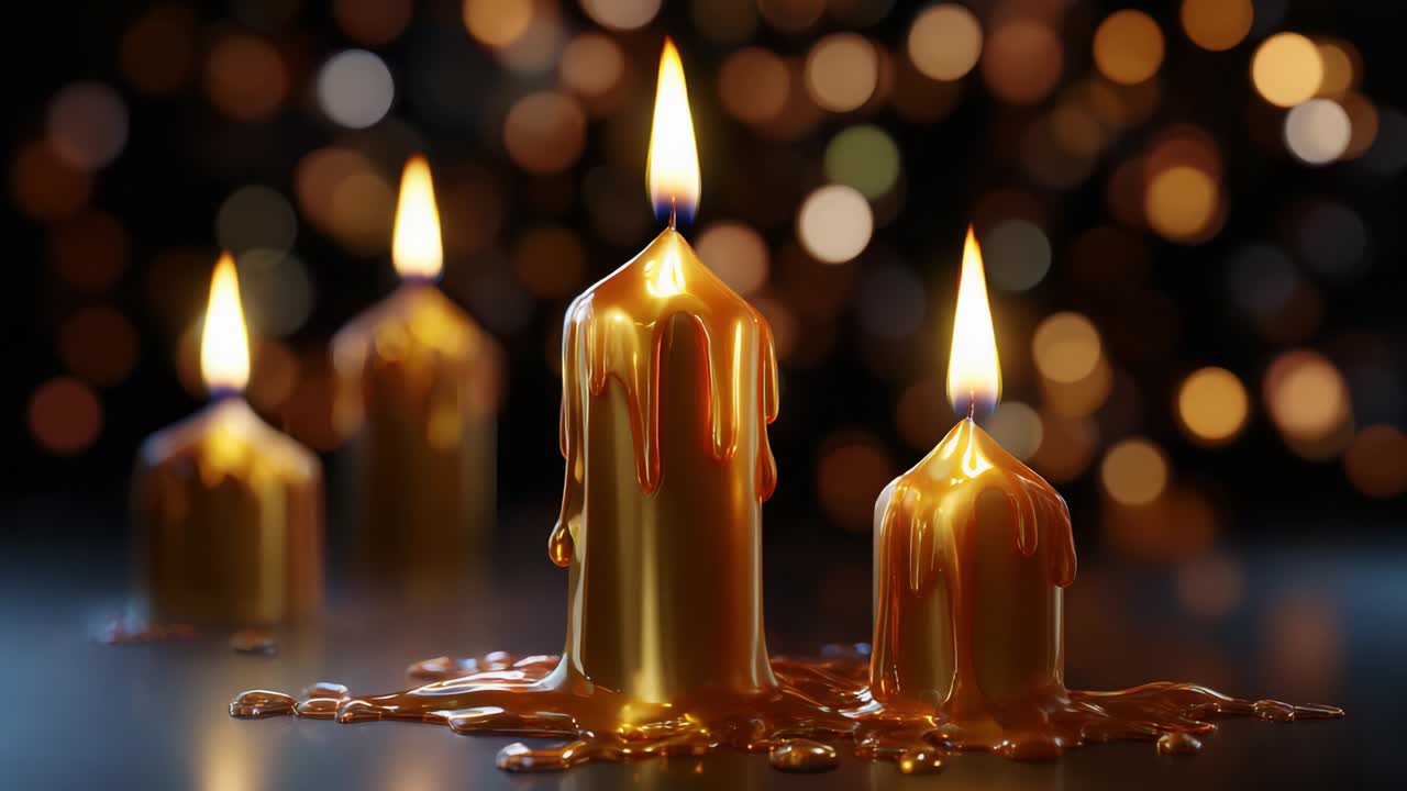 A Beautiful Arrangement of Glowing Candles with Melting Wax Illuminating a Soft, Warm Atmosphere, Creating an Inviting and Relaxing Ambiance through Their Flickering Flames and Rich Colors