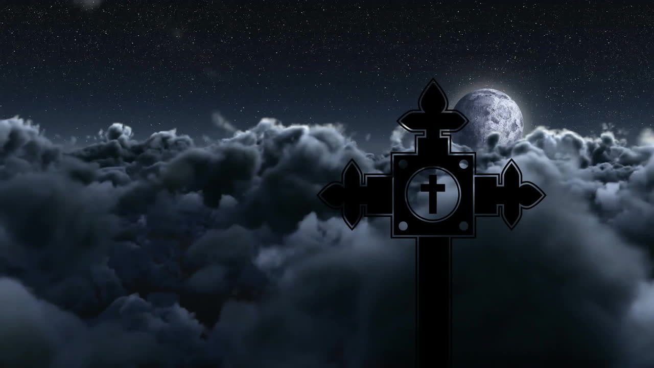 Cross silhouette against cloudy night sky with moon, creating animation effect