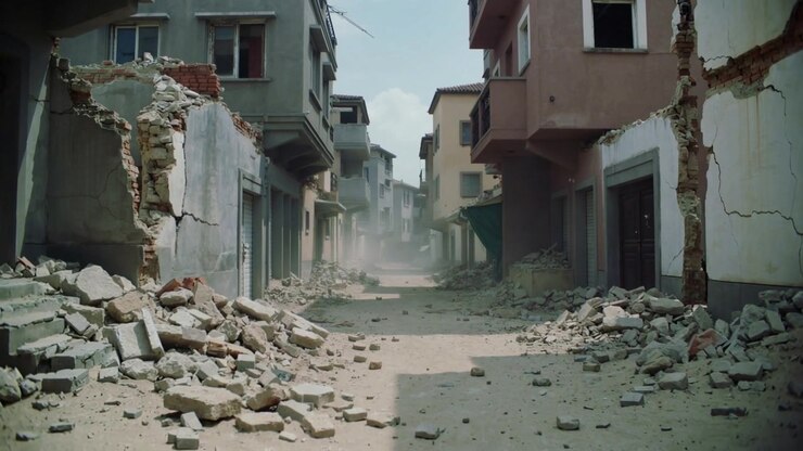 Mostrando una stretta strada residenziale danneggiata con una colonna di polvere che si sposta in avanti dopo il crollo, macerie