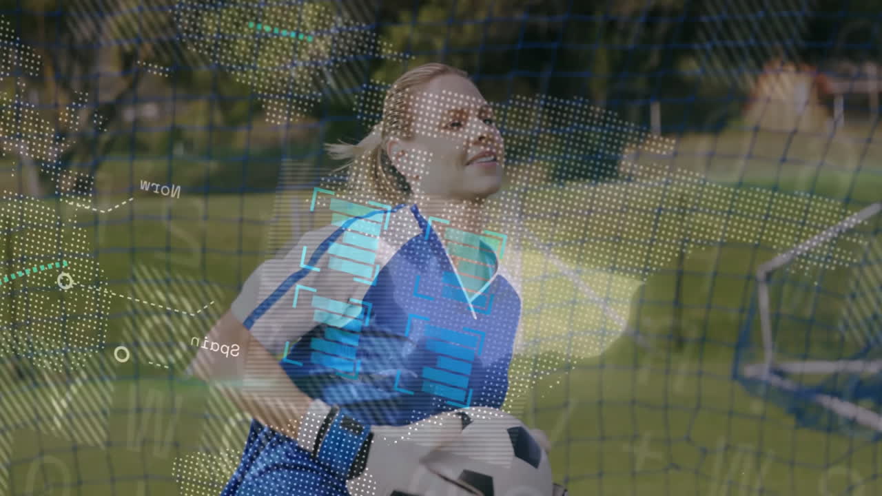 Soccer player on field with animation and digital data overlay during game