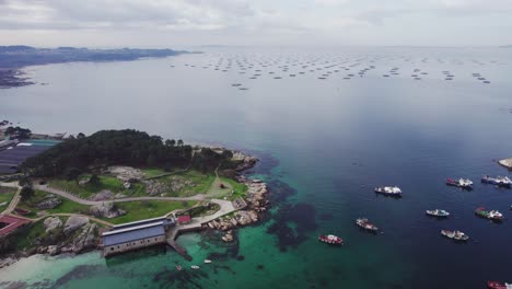 toma aérea de drones de hermosos puertos de motor de pesca junto con yates atracados a lo largo de la península en un día nublado