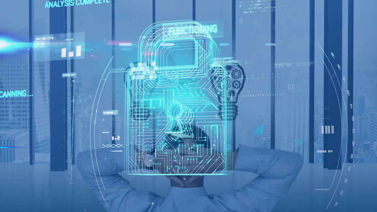 Digital lock and data processing animation over person relaxing in office