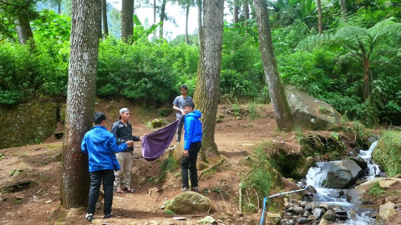 Gruppo di escursionisti che appendono un'amaca tra alberi alti per preparare il campeggio