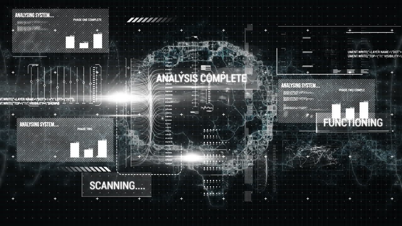 Animation of data processing over digital brain on black background