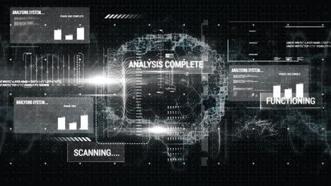 animation of data processing over digital brain on black background