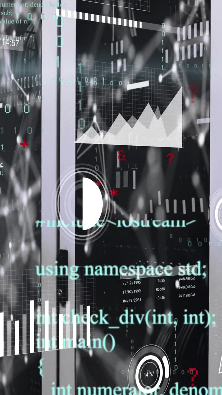 Animation of data processing and network of connections against computer server room