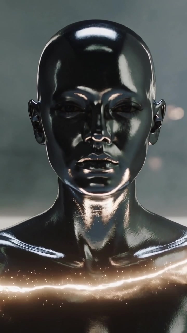 Video verticale: Un nastro scintillante sul petto destro che attraversa un busto cromato, in studio, mostrando la forma.