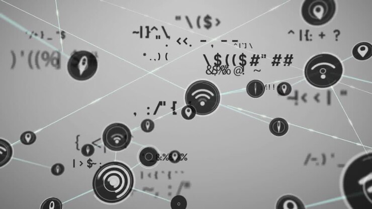 Mathematical symbols and network of connections against grey background