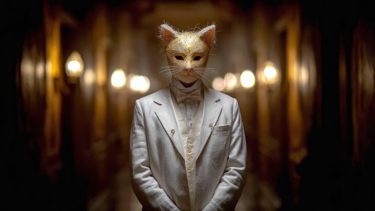 A mysterious figure stands in an elegantly lit hallway, donning a white suit and a striking golden cat mask, evoking an air of intrigue and fantasy